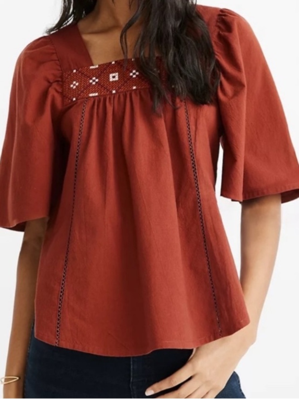 Madewell Cross-Stitch Top L Feminine Fluttered Sleeves Boho Flowy Summer
